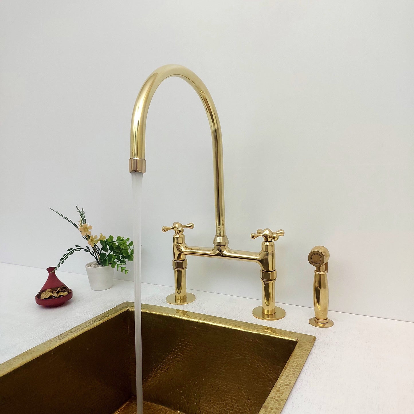 Unlacquered Brass Bridge Kitchen Faucet with Sprayer