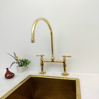 8" Unlacquered Brass Bridge Kitchen Faucet