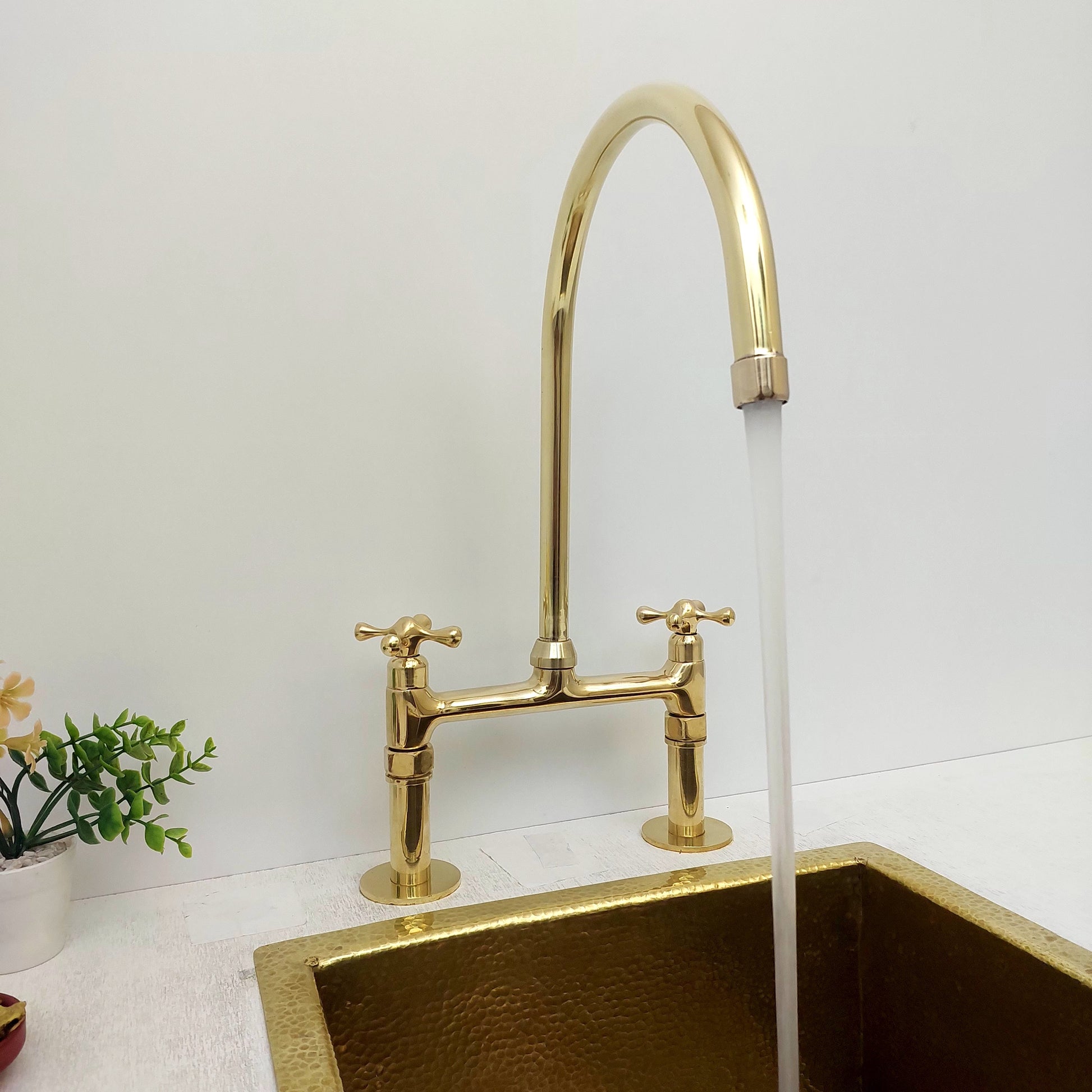 8" Unlacquered Brass Bridge Kitchen Faucet