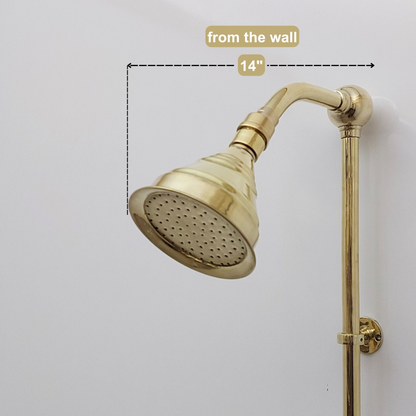 Unlacquered Brass Shower System with Adjustable Round Shower Head, Tub Filler, and Cross Handles - Ref: SSA8TFC