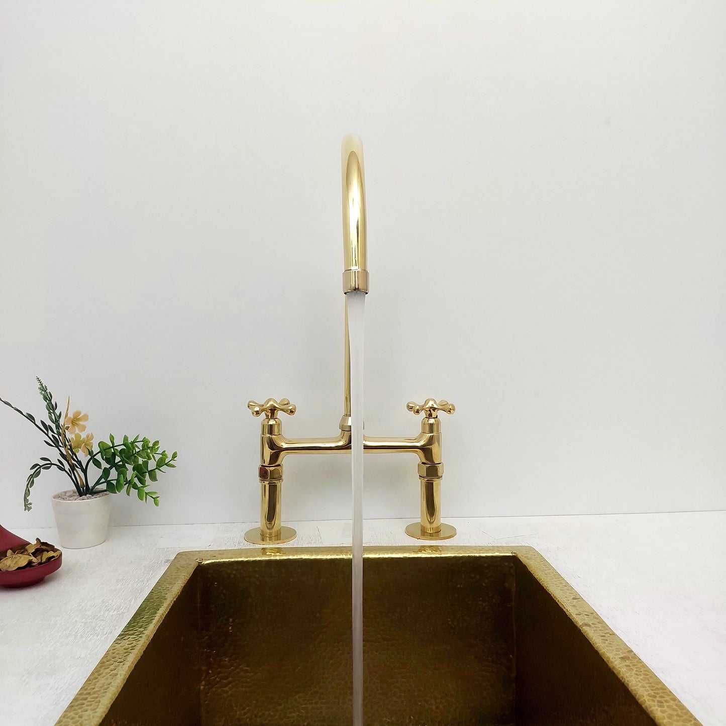 8" Unlacquered Brass Bridge Kitchen Faucet