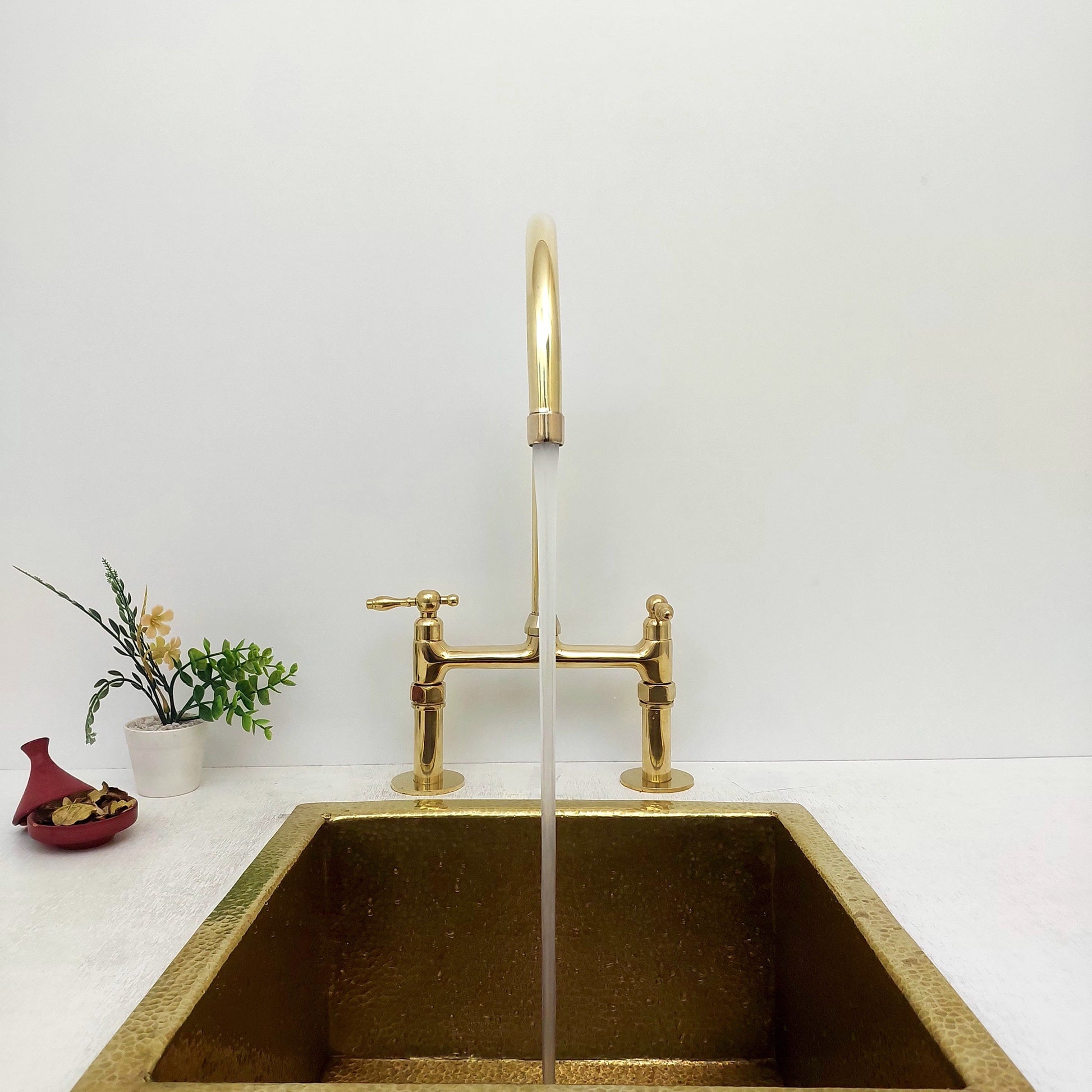 8" Unlacquered Brass Bridge Kitchen Faucet