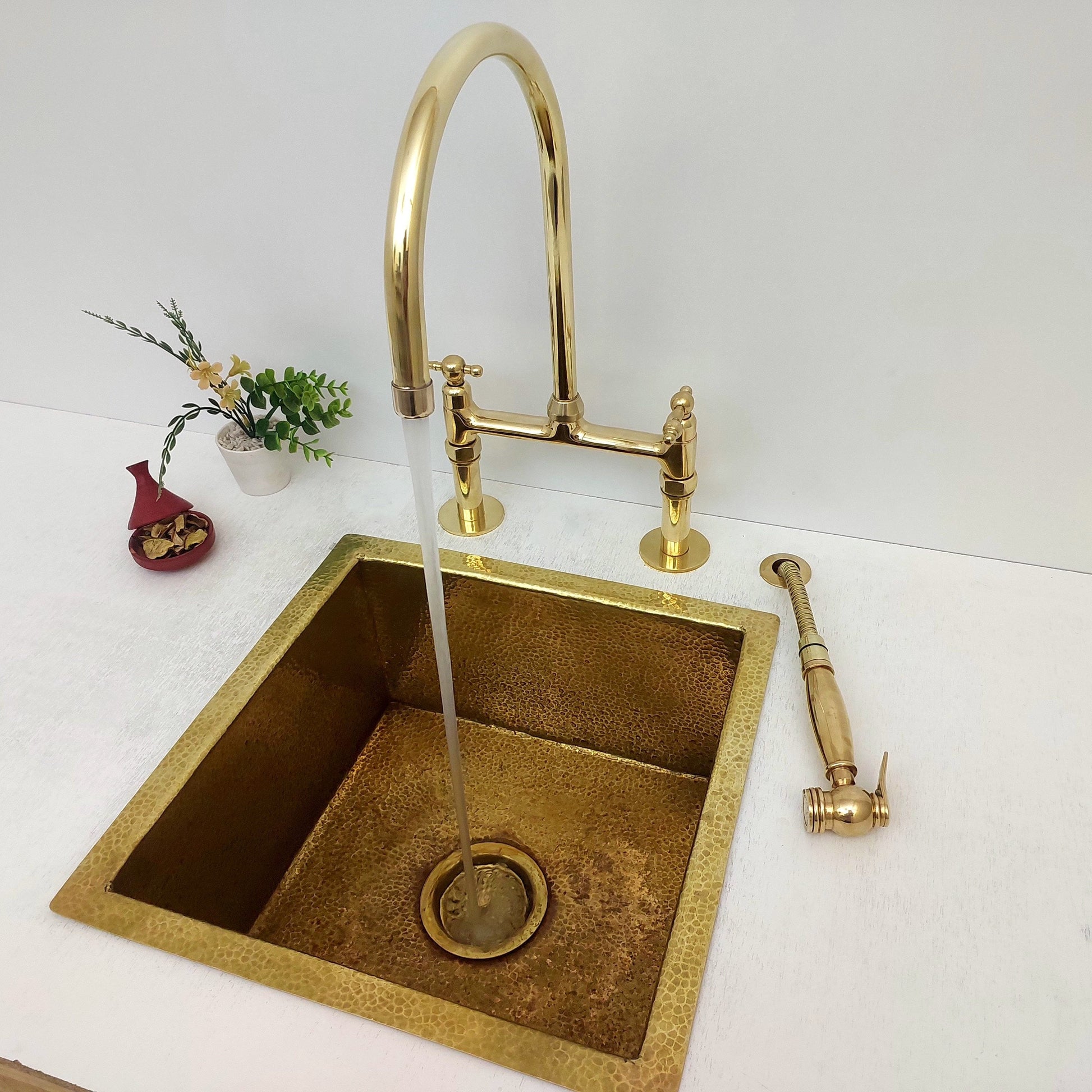 8" Unlacquered Brass Bridge Kitchen Faucet with Sprayer