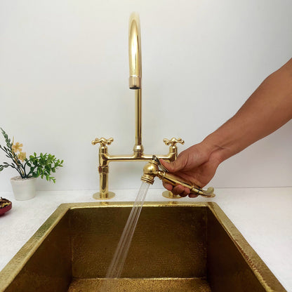 8" Unlacquered Brass Bridge Kitchen Faucet with Sprayer