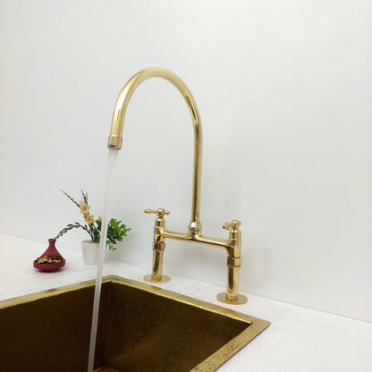 8" Unlacquered Brass Bridge Kitchen Faucet