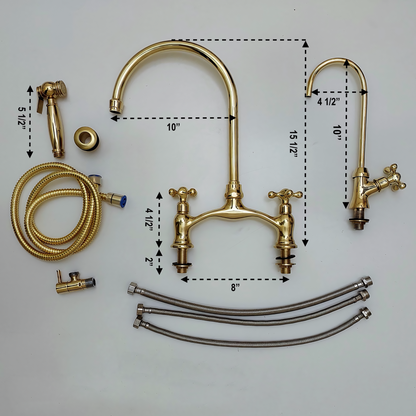 Robinet de cuisine à pont en laiton non laqué avec pulvérisateur et poignées en croix - Écartement de 8 po - Réf. : APC-1