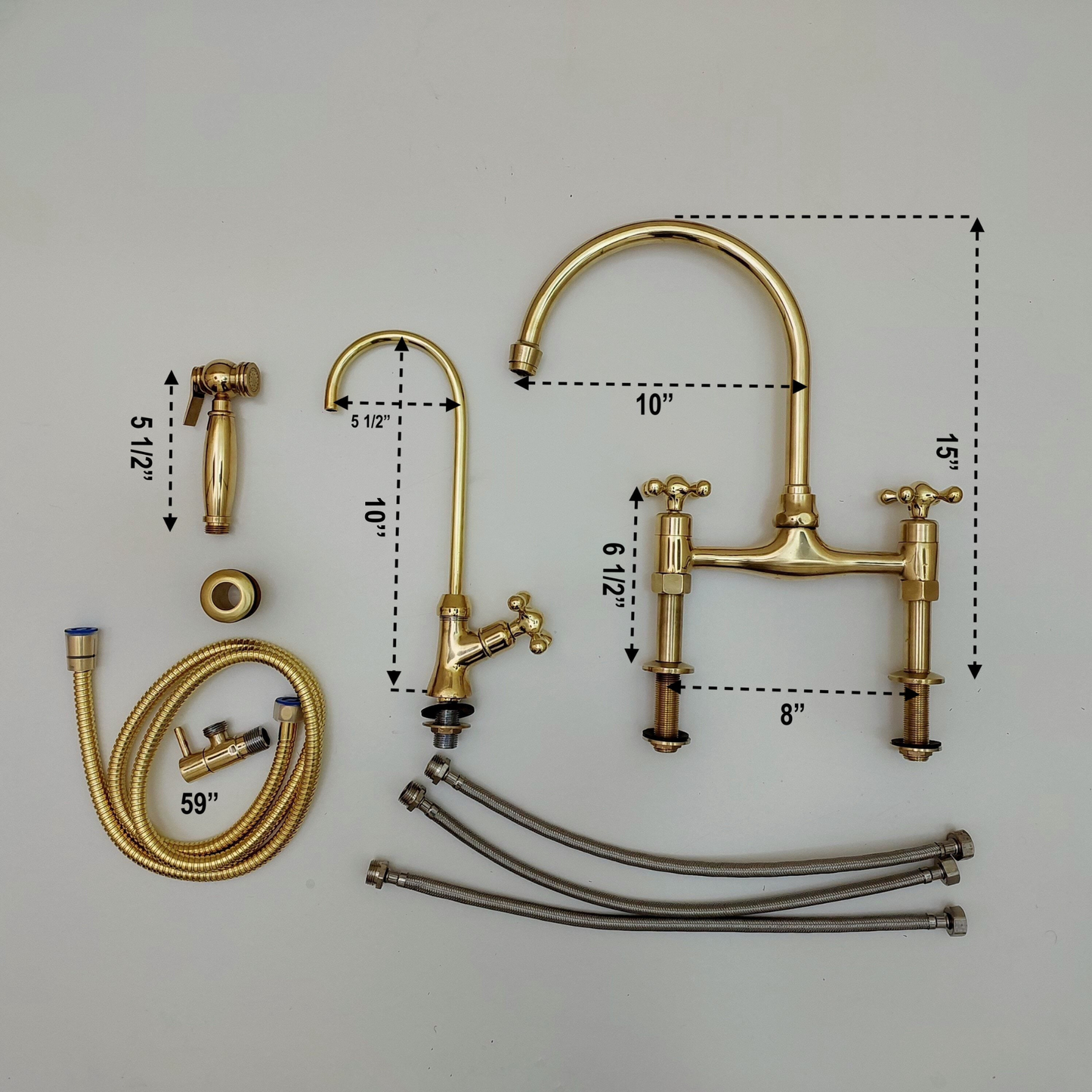 Grifo de cocina de latón sin lacar con rociador y manijas en cruz - Distancia entre orificios de 8" - Ref.: APC-3