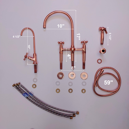 Robinet de pont en laiton avec pulvérisateur et robinet d'eau froide, robinet de cuisine en cuivre poli avec poignées en croix - Réf : APCPC-94