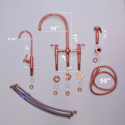 Grifo de puente de latón con rociador y grifo de agua fría, grifo de cocina con acabado en cobre pulido y manijas tipo palanca - Ref: APLPC-94