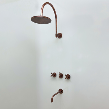 Antique Copper Finish Shower System with Tub Filler, Solid Brass Round Rain Shower Head with Arcuate Arm and Cross Handles - Ref: ACSSTB1-C