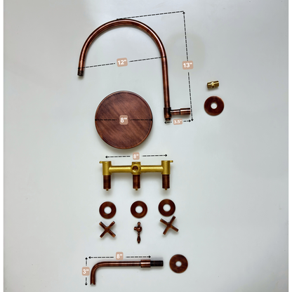 Antique Copper Finish Shower System with Tub Filler, Solid Brass Round Rain Shower Head with Arcuate Arm and Cross Handles - Ref: ACSSTB1-C