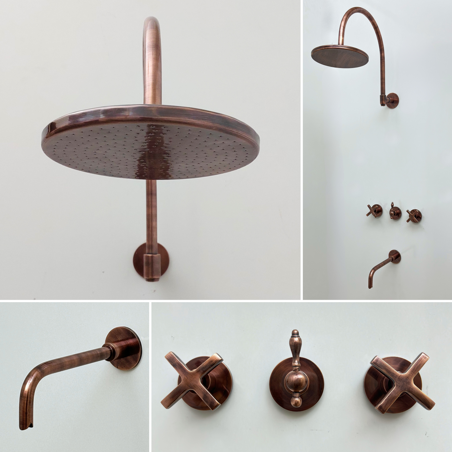 Antique Copper Finish Shower System with Tub Filler, Solid Brass Round Rain Shower Head with Arcuate Arm and Cross Handles - Ref: ACSSTB1-C