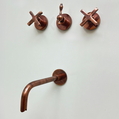 Antique Copper Finish Shower System with Tub Filler, Solid Brass Round Rain Shower Head with Arcuate Arm and Cross Handles - Ref: ACSSTB1-C