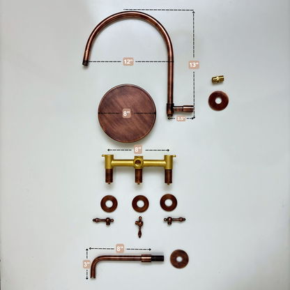 Antique Copper Finish Shower System with Tub Filler, Solid Brass Round Rain Shower Head with Arcuate Arm and Lever Handles - Ref: ACSSTB1-L