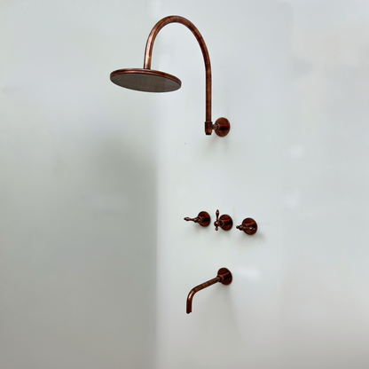 Antique Copper Finish Shower System with Tub Filler, Solid Brass Round Rain Shower Head with Arcuate Arm and Lever Handles - Ref: ACSSTB1-L