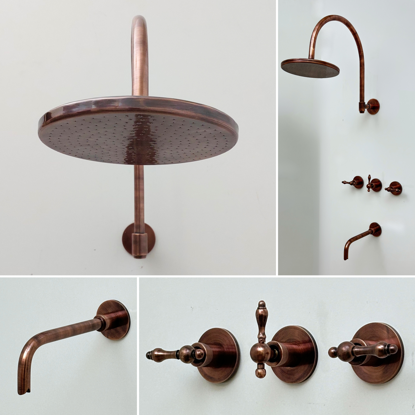 Antique Copper Finish Shower System with Tub Filler, Solid Brass Round Rain Shower Head with Arcuate Arm and Lever Handles - Ref: ACSSTB1-L