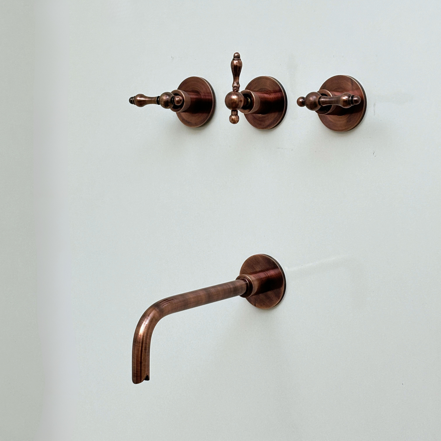 Antique Copper Finish Shower System with Tub Filler, Solid Brass Round Rain Shower Head with Arcuate Arm and Lever Handles - Ref: ACSSTB1-L