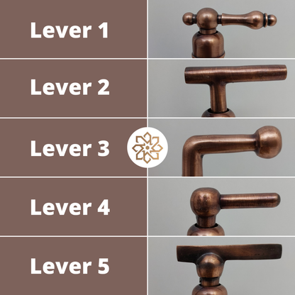 Antique Copper Finish Shower System with Tub Filler, Solid Brass Round Rain Shower Head with Arcuate Arm and Lever Handles - Ref: ACSSTB1-L