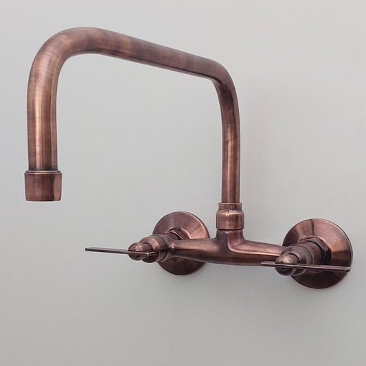 Antique Copper Finish Wall Mount Faucet, Solid Brass Bridge Faucet with Lever Handles - Ref: WFACL001