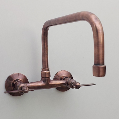 Antique Copper Finish Wall Mount Faucet, Solid Brass Bridge Faucet with Lever Handles - Ref: WFACL001