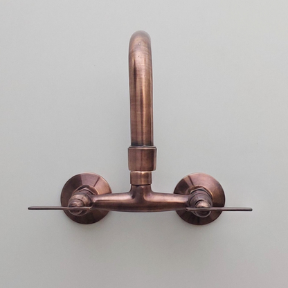 Antique Copper Finish Wall Mount Faucet, Solid Brass Bridge Faucet with Lever Handles - Ref: WFACL001