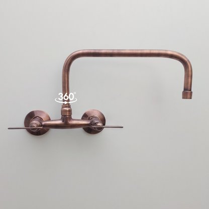 Antique Copper Finish Wall Mount Faucet, Solid Brass Bridge Faucet with Lever Handles - Ref: WFACL001