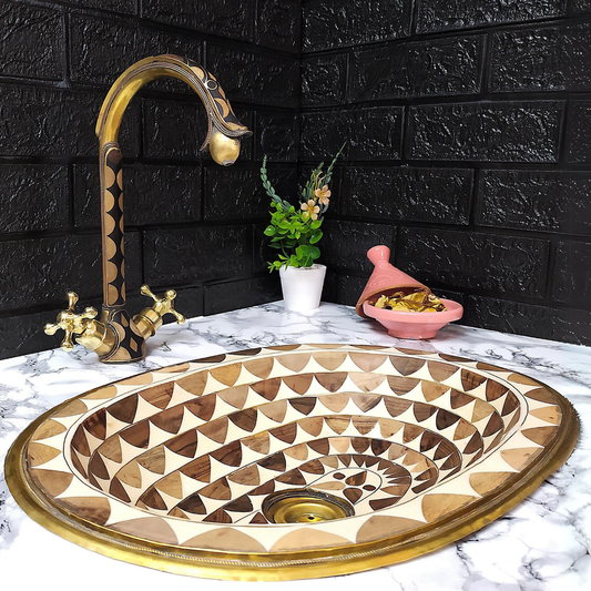 Brass Oval Bathroom Drop-in Sink, White and Brown Pattern Studded Solid Brass Sink With Wood And Resin - Ref: SWRWB001