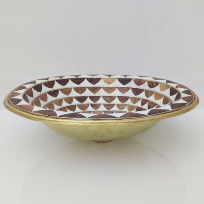 Brass Oval Bathroom Drop-in Sink, White and Brown Pattern Studded Solid Brass Sink With Wood And Resin - Ref: SWRWB001