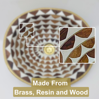 Brass Oval Bathroom Drop-in Sink, White and Brown Pattern Studded Solid Brass Sink With Wood And Resin - Ref: SWRWB001