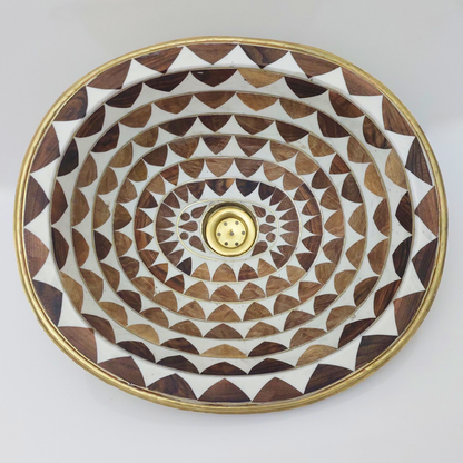 Brass Oval Bathroom Drop-in Sink, White and Brown Pattern Studded Solid Brass Sink With Wood And Resin - Ref: SWRWB001