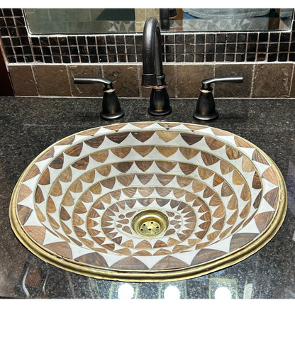 Brass Oval Bathroom Drop-in Sink, White and Brown Pattern Studded Solid Brass Sink With Wood And Resin - Ref: SWRWB001