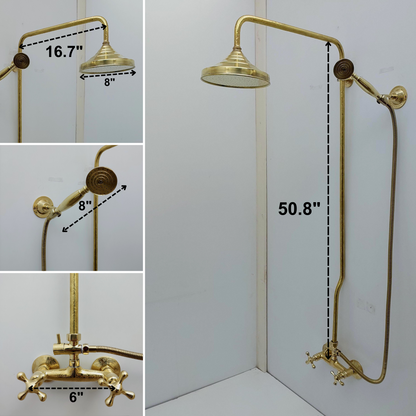 Système de douche en laiton non laqué gravé avec pommeau de douche à main, pommeau de douche à effet pluie rond et poignées en croix - Réf : ATLASS46