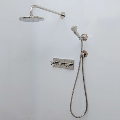 Polished Nickel Finish Brass Shower System with Flat Round Rain Shower Head, Central Brass Plaque, and Cross Handles - Ref: SSPH-PNBC