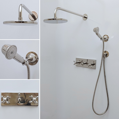 Polished Nickel Finish Brass Shower System with Flat Round Rain Shower Head, Central Brass Plaque, and Cross Handles - Ref: SSPH-PNBC