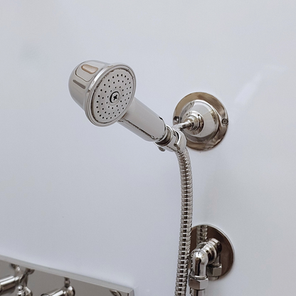 Polished Nickel Finish Brass Shower System with Flat Round Rain Shower Head, Central Brass Plaque, and Cross Handles - Ref: SSPH-PNBC