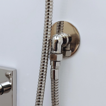 Polished Nickel Finish Brass Shower System with Flat Round Rain Shower Head, Central Brass Plaque, and Cross Handles - Ref: SSPH-PNBC