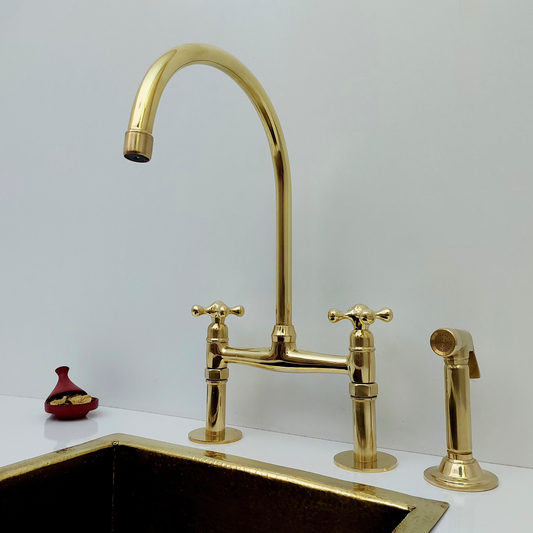 Unlacquered Brass Bridge Faucet with Sprayer, Brass Kitchen Faucet With Cross Handles - Ref: BF2LCB001-SP