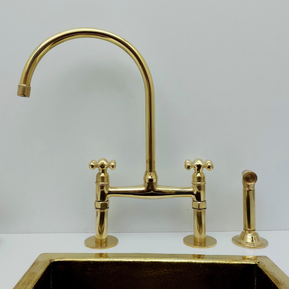 Unlacquered Brass Bridge Faucet with Sprayer, Brass Kitchen Faucet With Cross Handles - Ref: BF2LCB001-SP