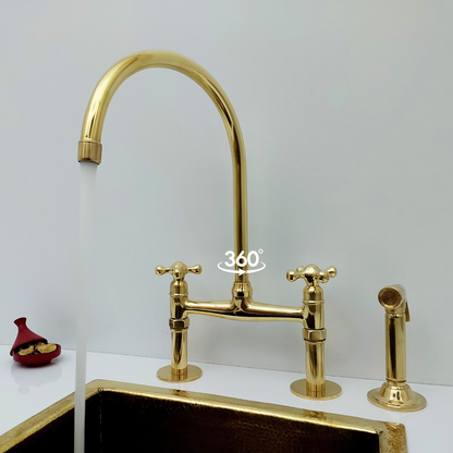 Unlacquered Brass Bridge Faucet with Sprayer, Brass Kitchen Faucet With Cross Handles - Ref: BF2LCB001-SP