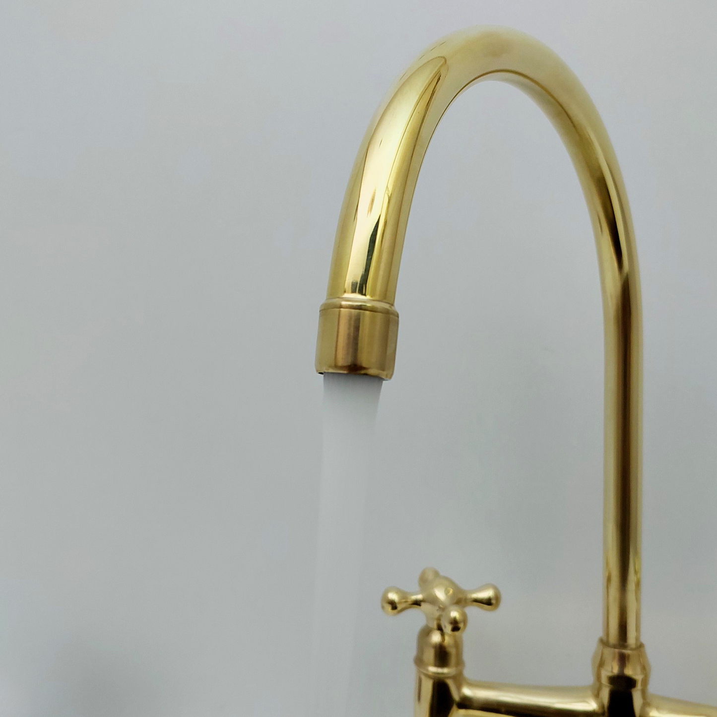 Unlacquered Brass Bridge Faucet with Sprayer, Brass Kitchen Faucet With Cross Handles - Ref: BF2LCB001-SP