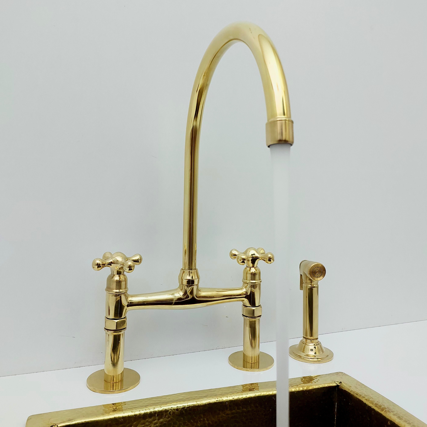 Unlacquered Brass Bridge Faucet with Sprayer, Brass Kitchen Faucet With Cross Handles - Ref: BF2LCB001-SP