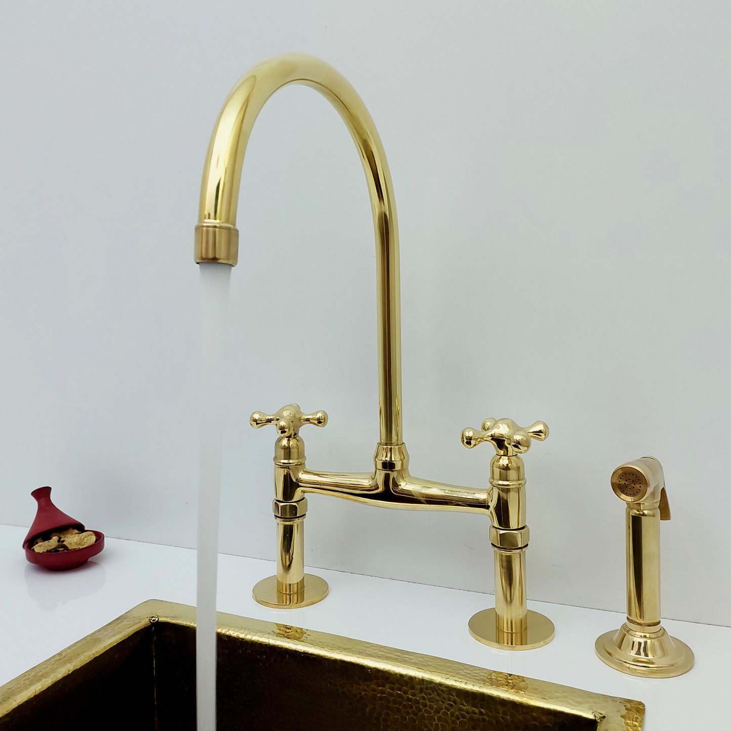 Unlacquered Brass Bridge Faucet with Sprayer, Brass Kitchen Faucet With Cross Handles - Ref: BF2LCB001-SP