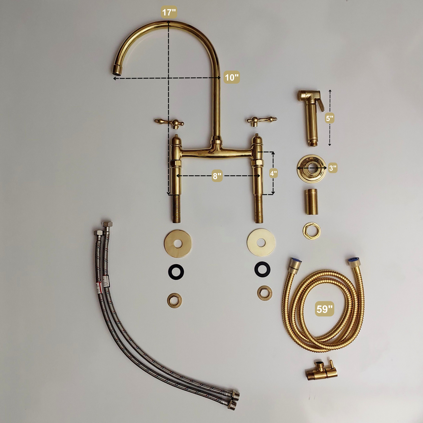 Unlacquered Brass Bridge Faucet with Sprayer, Brass Kitchen Faucet With Lever Handles - Ref: BF2LLB001-SP