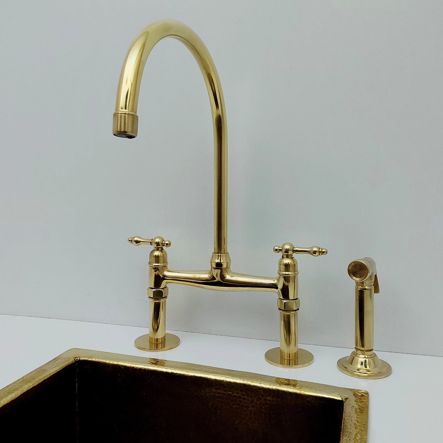 Unlacquered Brass Bridge Faucet with Sprayer, Brass Kitchen Faucet With Lever Handles - Ref: BF2LLB001-SP