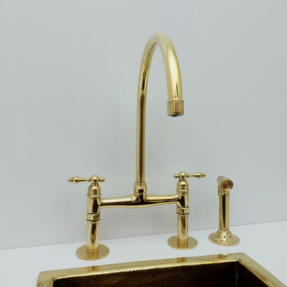 Unlacquered Brass Bridge Faucet with Sprayer, Brass Kitchen Faucet With Lever Handles - Ref: BF2LLB001-SP