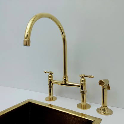 Unlacquered Brass Bridge Faucet with Sprayer, Brass Kitchen Faucet With Lever Handles - Ref: BF2LLB001-SP