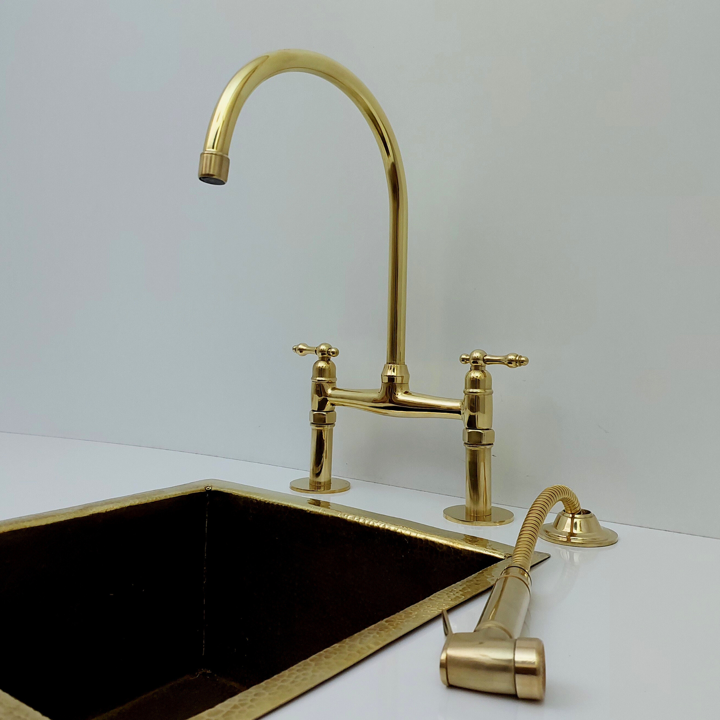 Unlacquered Brass Bridge Faucet with Sprayer, Brass Kitchen Faucet With Lever Handles - Ref: BF2LLB001-SP