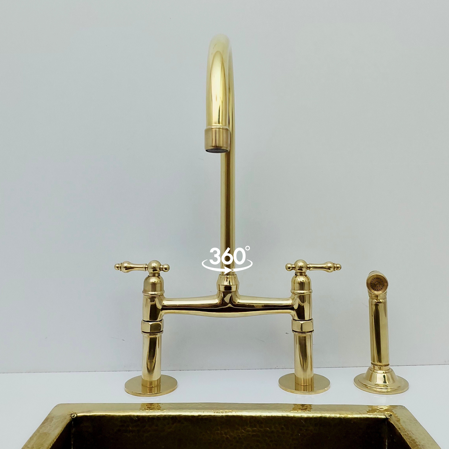 Unlacquered Brass Bridge Faucet with Sprayer, Brass Kitchen Faucet With Lever Handles - Ref: BF2LLB001-SP