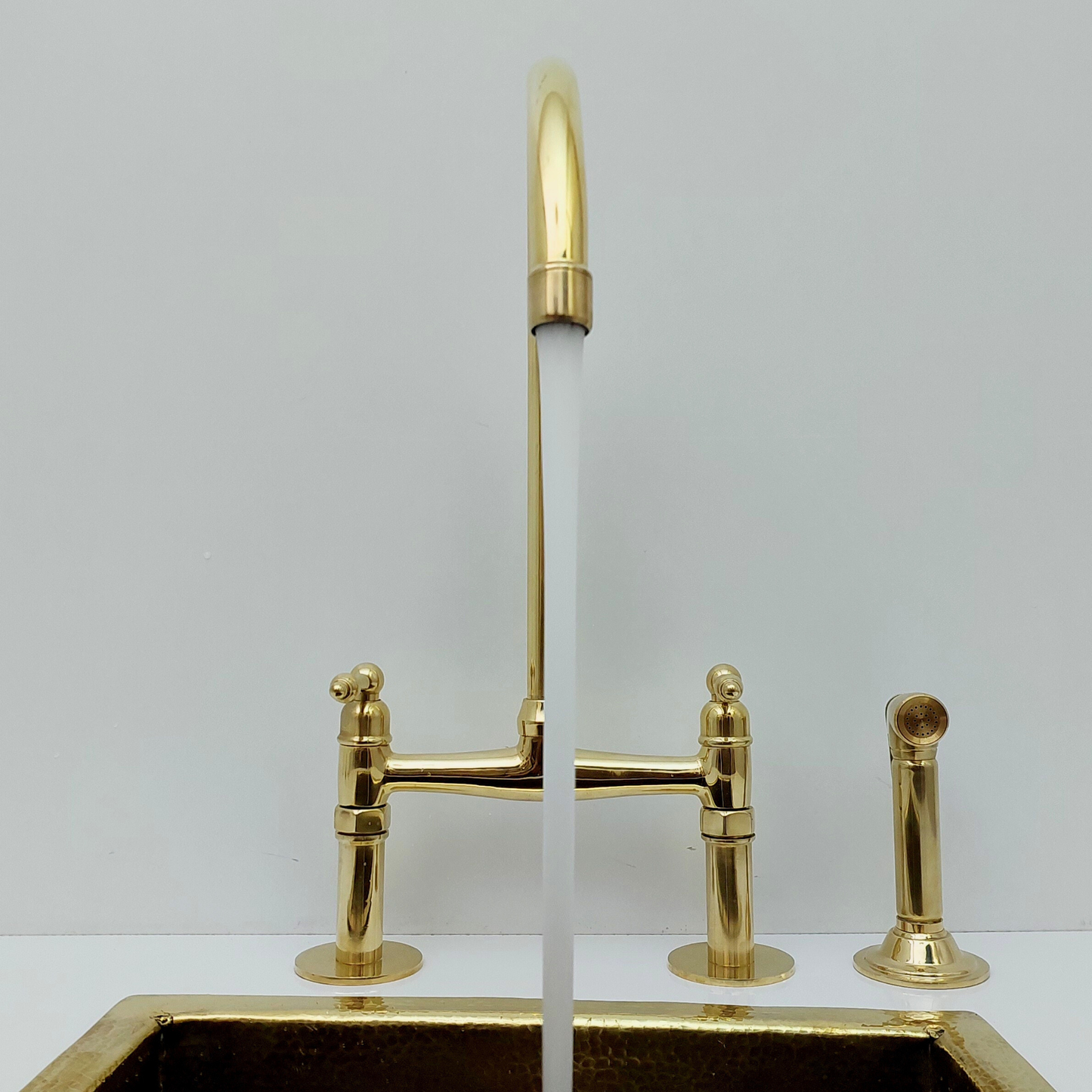 Unlacquered Brass Bridge Faucet with Sprayer, Brass Kitchen Faucet With Lever Handles - Ref: BF2LLB001-SP