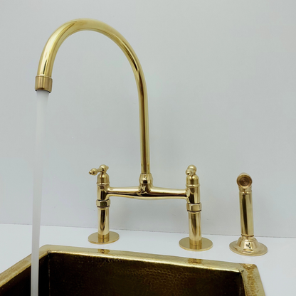 Unlacquered Brass Bridge Faucet with Sprayer, Brass Kitchen Faucet With Lever Handles - Ref: BF2LLB001-SP